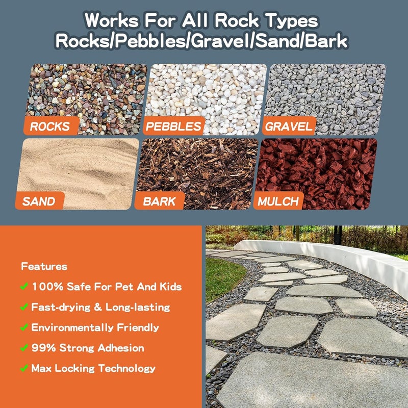 Shabebe Rock Glue, Mulch Glue 2Gallon Long-Lasting Dries-Clear Strong Pea Gravel Binder for Pebble Fast-Drying Pebble Glue&Gravel Hold Mulch for Landscaping, Pine Straw, Outdoor Strong Stone Hold - Image 3